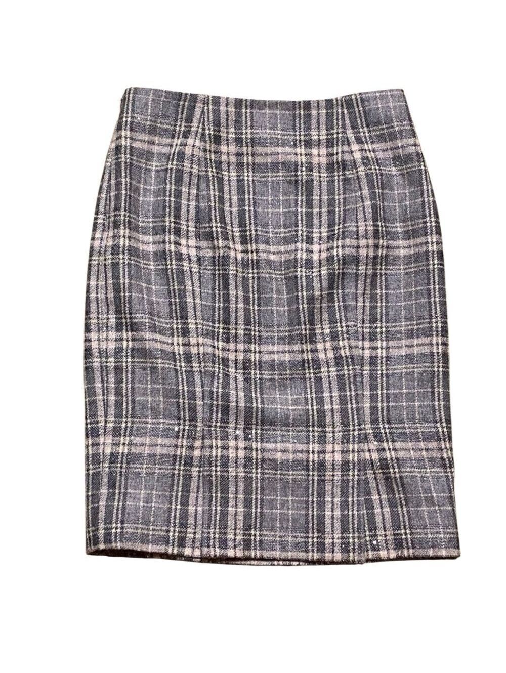 Etcetera Gray Cream plaid Sparkle Clear Sequin wool blend Pencil skirt 2 XS